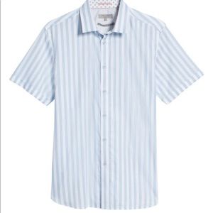 Ted Baker, size 7, light blue/white striped, short-sleeve. Freshly dry-cleaned.